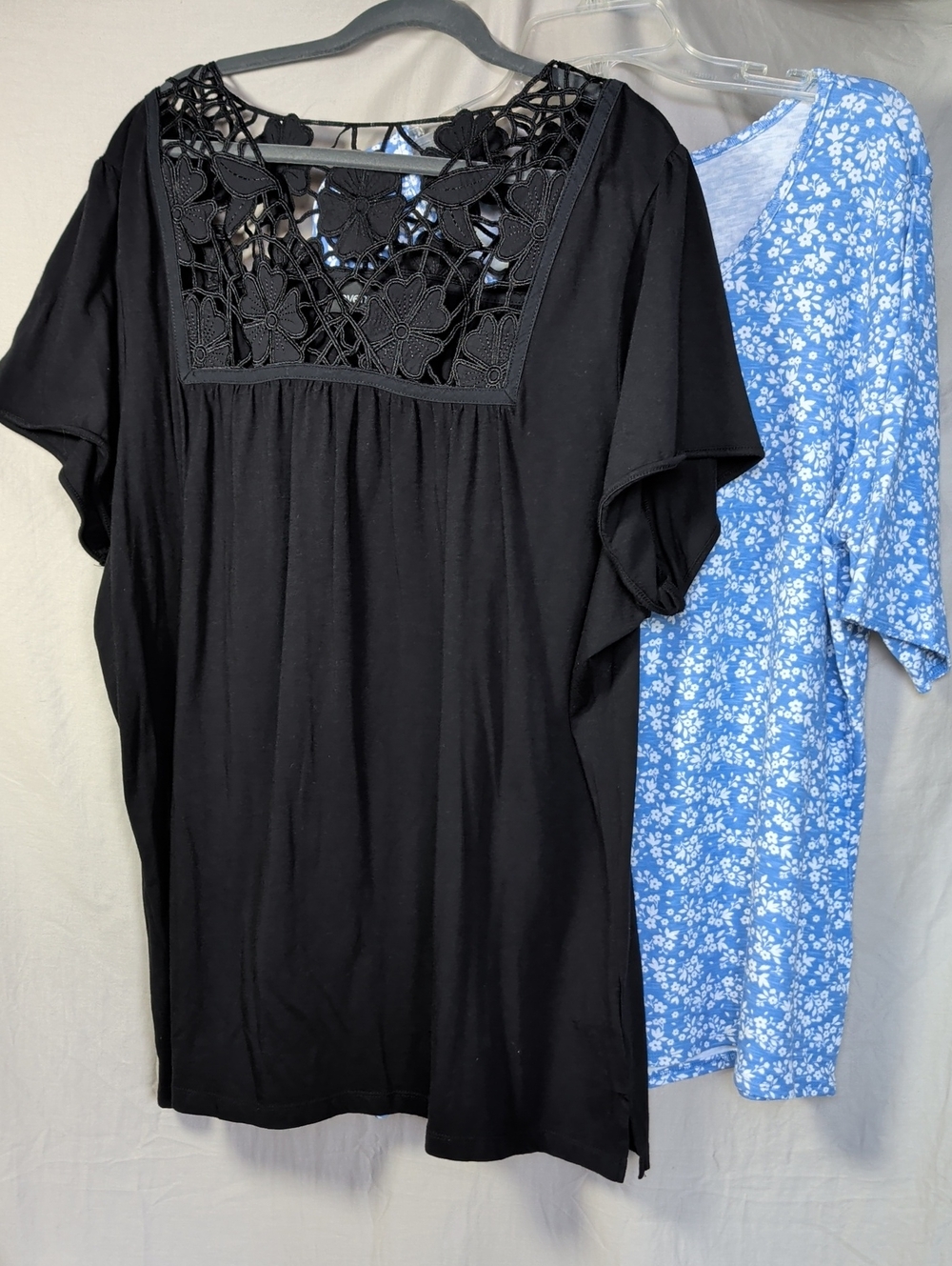 Bundle Women's Black Crochet-Detail Knit Top And Blue/White Scoop Neck Top